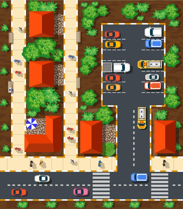 Vector top view of the city from the streets roads houses and cars