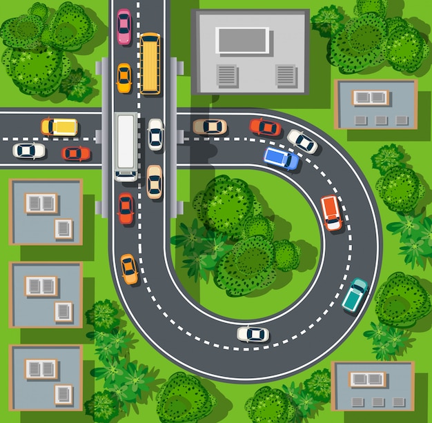 top view of the city from the streets, roads, houses, and cars