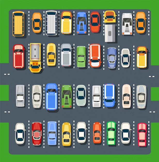 Top view of a city parking lot with a set of different cars