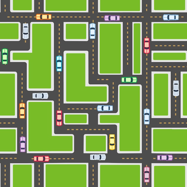 街路道路家屋や車のシームレスなパターンの街の上面図