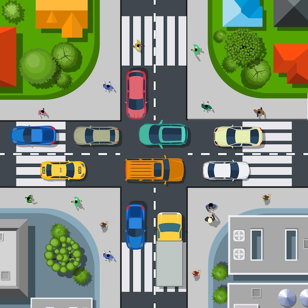 Vector top view of the city. urban crossroads with cars and houses, pedestrians.