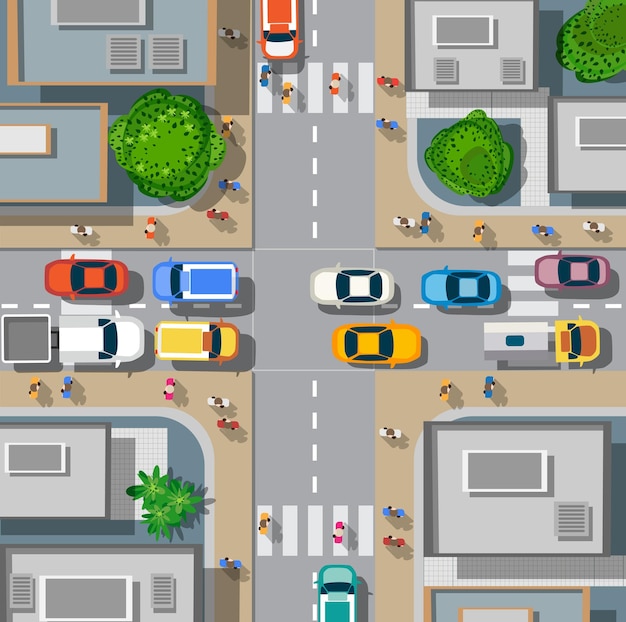 街の平面図車や家の歩行者がいる都市の交差点
