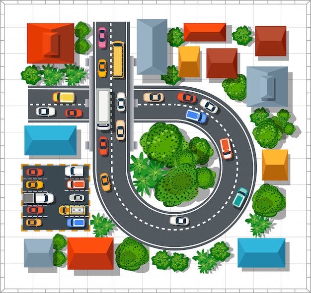 Vector top view of the city. urban  street with houses and trees