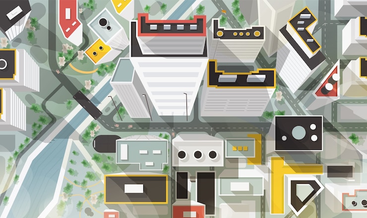 Vector top view of city with buildings of modern architecture, skyscrapers, streets, river and bridge
