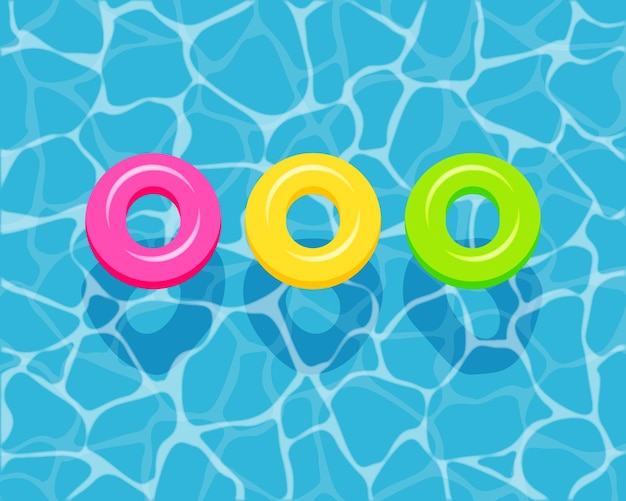 Vector top view of colorful swim rings on the blue water background