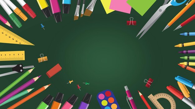 Top view of composition of colorful school supplies isolated on dark background vector illustration