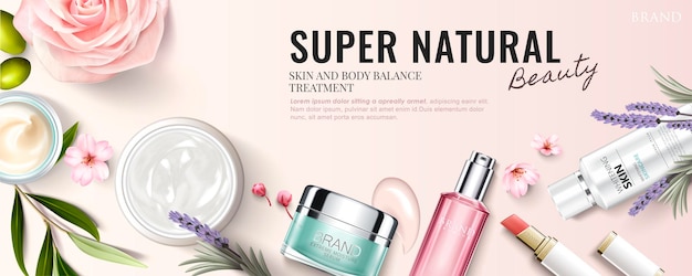 Vector top view of cosmetic products with ingredient plants