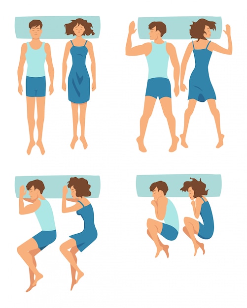 Top view of couple sleeping together in different funny positions. vector collection in cartoon style