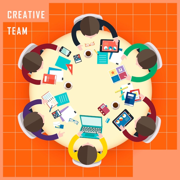 Vector top view of creative team work in flat design style