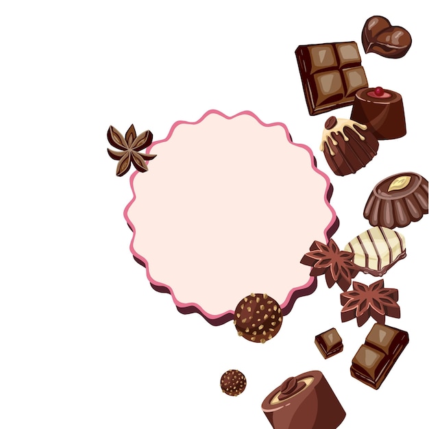 Vettore vista dall'alto sul cioccolato fondente con fave di cacao, cannella e anice su bianco con testo di esempio illustrazione di alta qualità