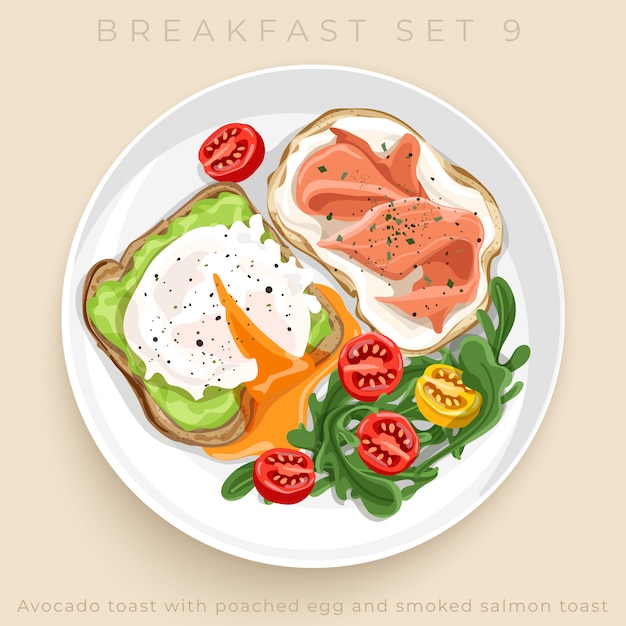 Top view of delicious breakfast set isolated on beige background :  Illustration