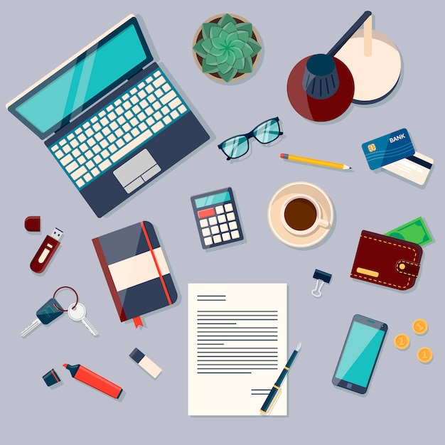 Vector top view of desk background with laptop, digital devices, office objects, books and documents