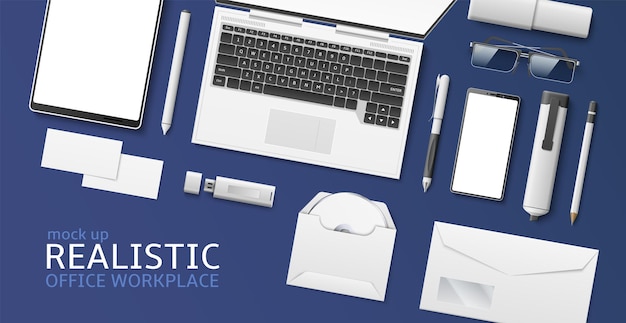 Vector top view desk banner realistic office workplace white gadgets devices and stationery mockup business visit cards electronic tablet or laptop letter envelope blank items template vector concept