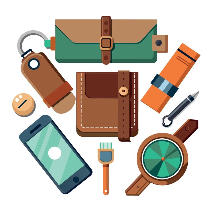 Vector top view of everyday carry objects made by brown leather wrist watch key chain wallet on white ba