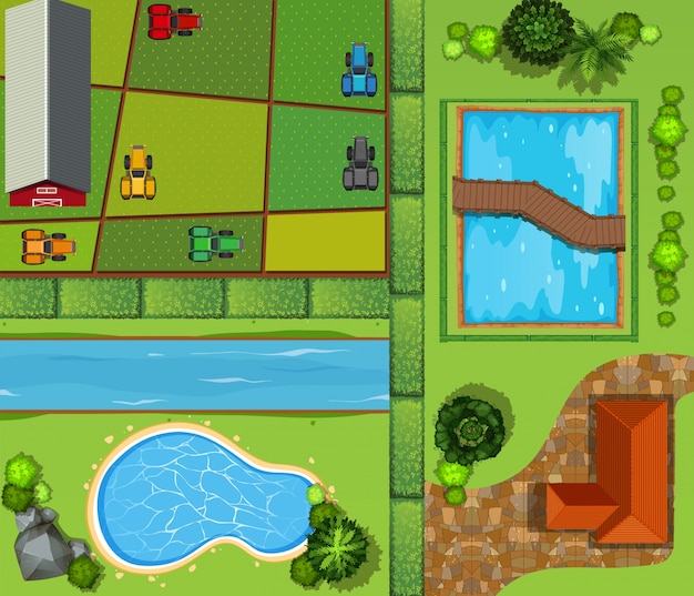 Vector top view of farmland and private house