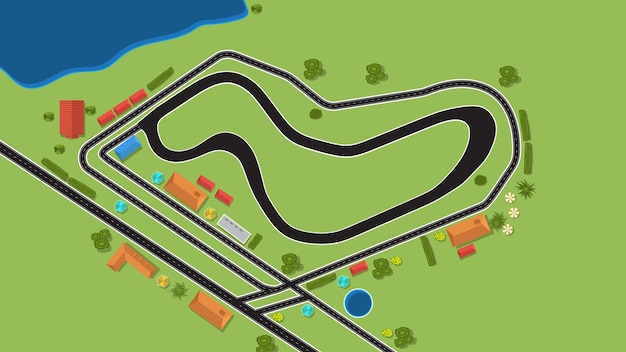 Vector top view flat background of location racing track circuit with road and building nearby