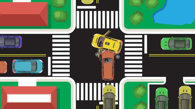 top view flat cartoon of car vehicle with crash braking emergency accident and 4 intersection road