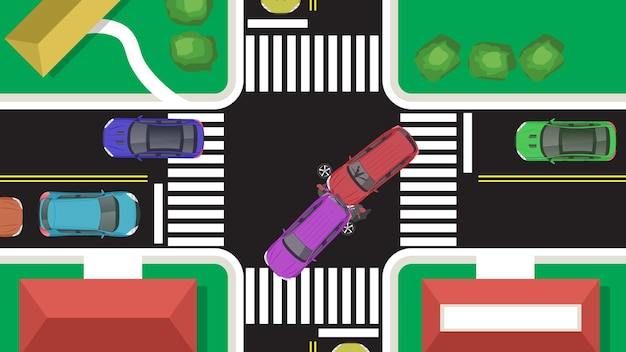 top view flat cartoon of car vehicle with crash braking emergency accident and 4 intersection road