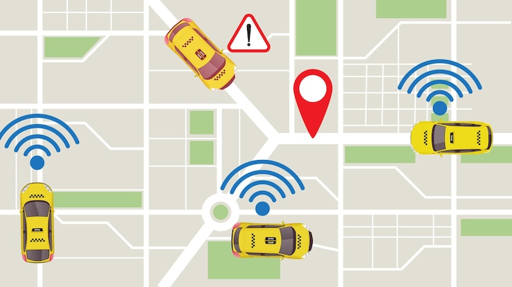 वेक्टर top view flat cartoon of yellow taxi transport car on map with wireless internet connection signal and sign