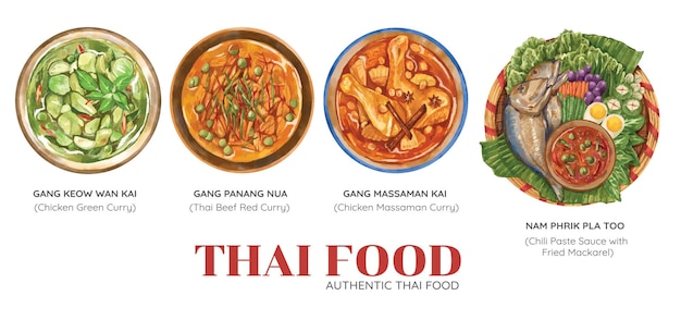 Top view of hand drawn traditional thai food watercolor vector illustration.