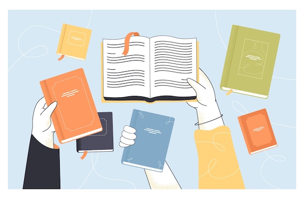 Vector top view of hands holding open and closed books