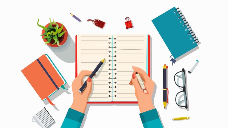 Vector top view of hands holding pen and making notes
