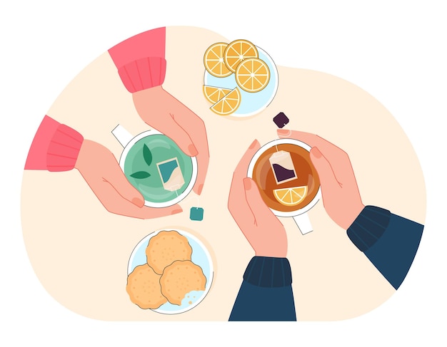 Vector top view of hands with cups of tea in cafe or cafeteria. people drinking herbal tea with lemon, healthy drink flat vector illustration. beverage, morning concept for banner or landing web page