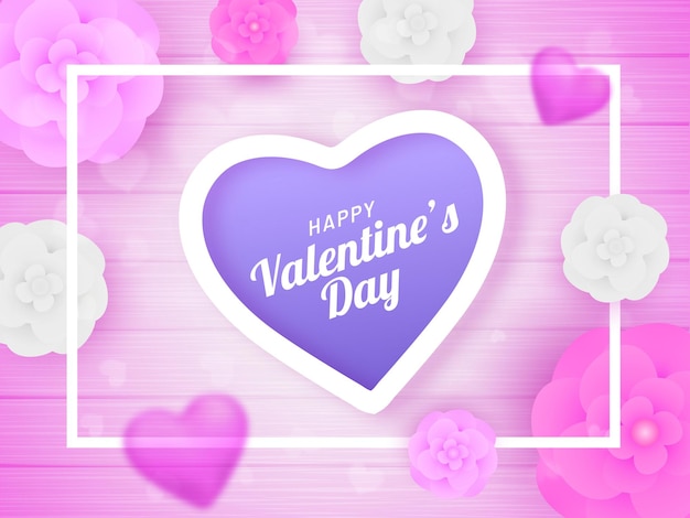 Vector top view happy valentines day greeting card with beautiful flowers hearts decorated on pastel pink background