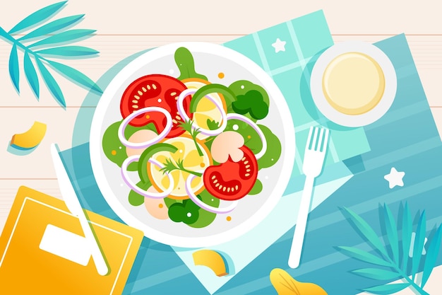 Vector top view of healthy delicious breakfast with bread eggs and nutritious salad on tablecloth