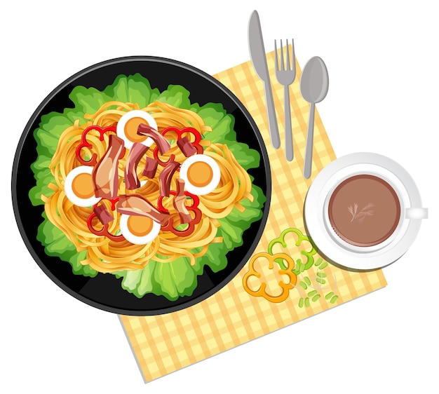 ベクトル 上面図白い背景の上の健康的なサラダとランチョンマット