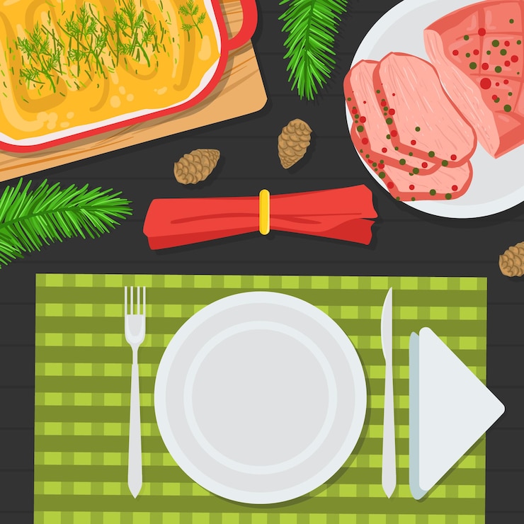 Vector top view of holiday festive table christmas table decorating setting with traditional dishes flat