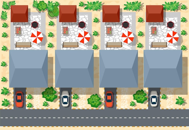 Top view of houses and streets with trees vector village and park view from top flat graphic