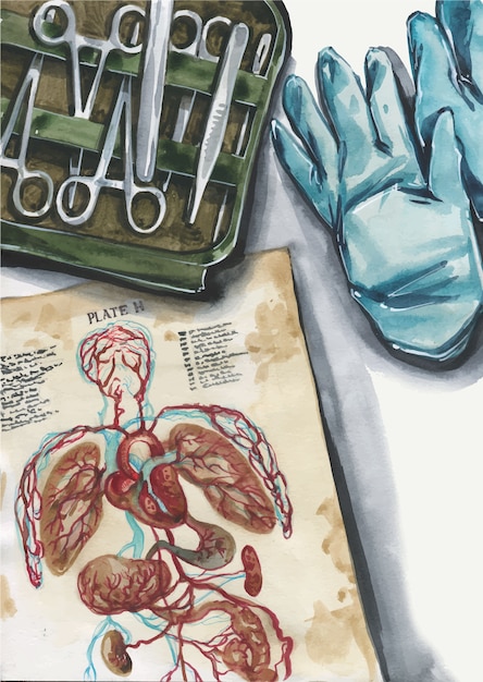 Top view Illustration of surgeon's workplace. Anatomy book, gloves, surgical instruments, forceps, scalpel. Conceptual flatlay illustration of medicine