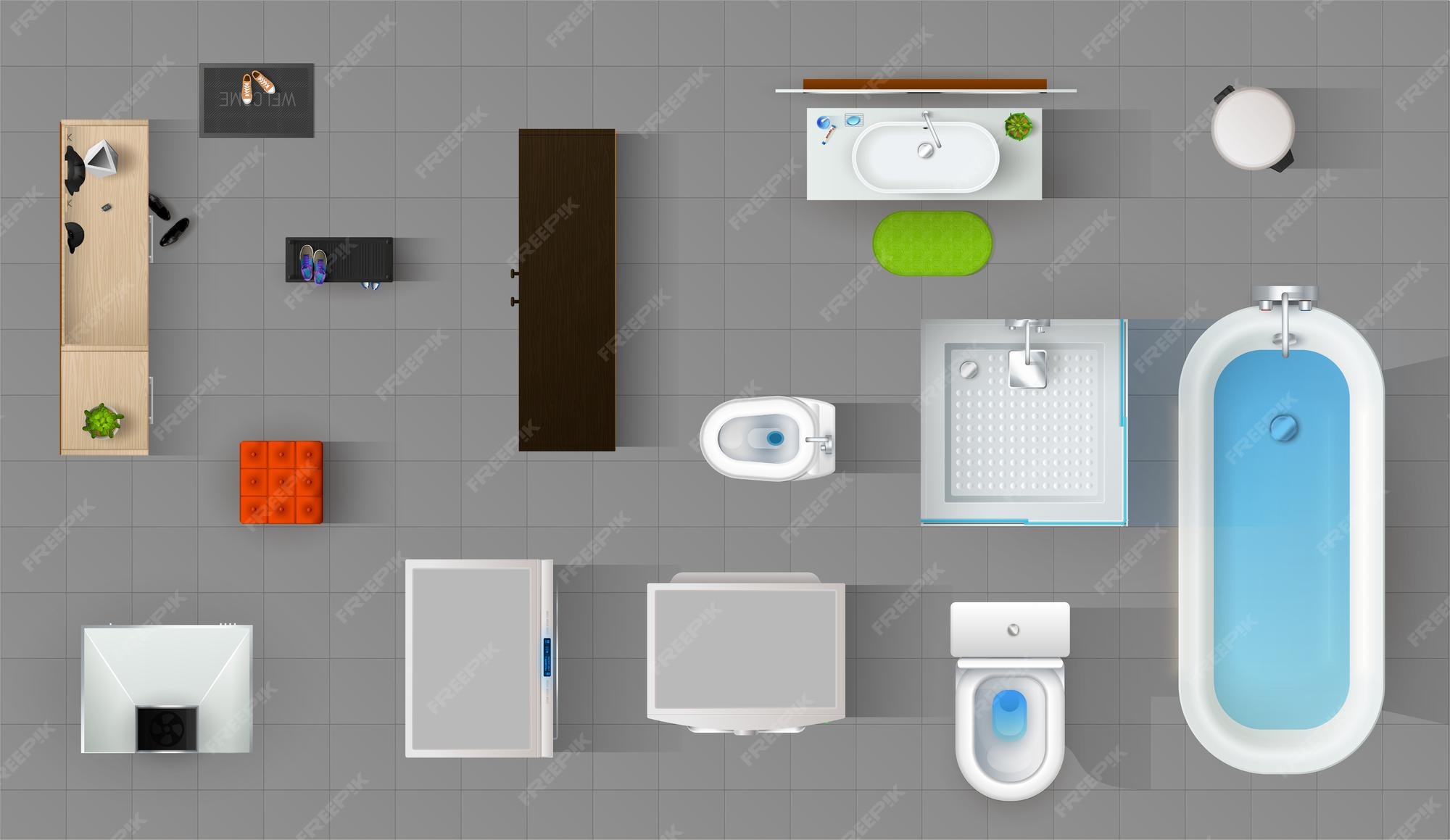Premium Vector Top view interior or bathroom furniture on floor