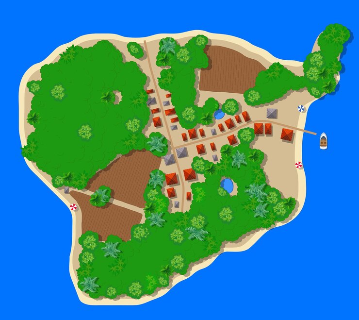 Vector top view of the island paradise of landscape bungalow