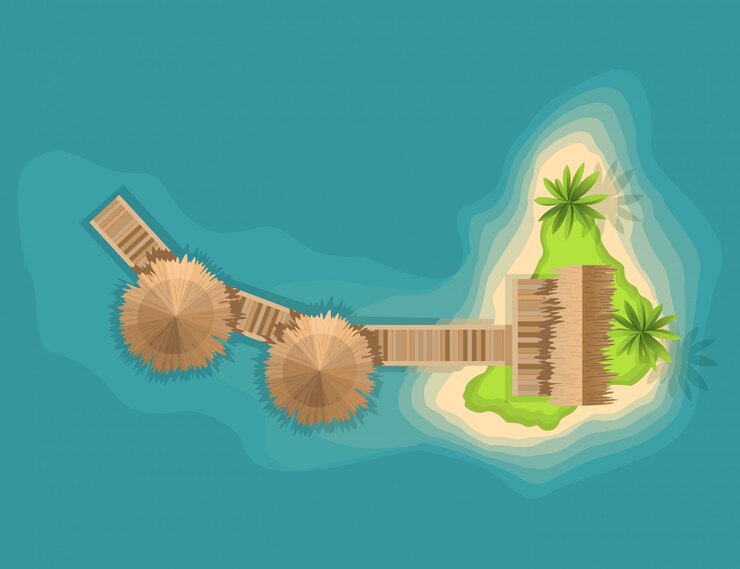 Vector top view island. view from a height on a tropical island in the ocean. cartoon tropical paradise sea island shore. good sunny day