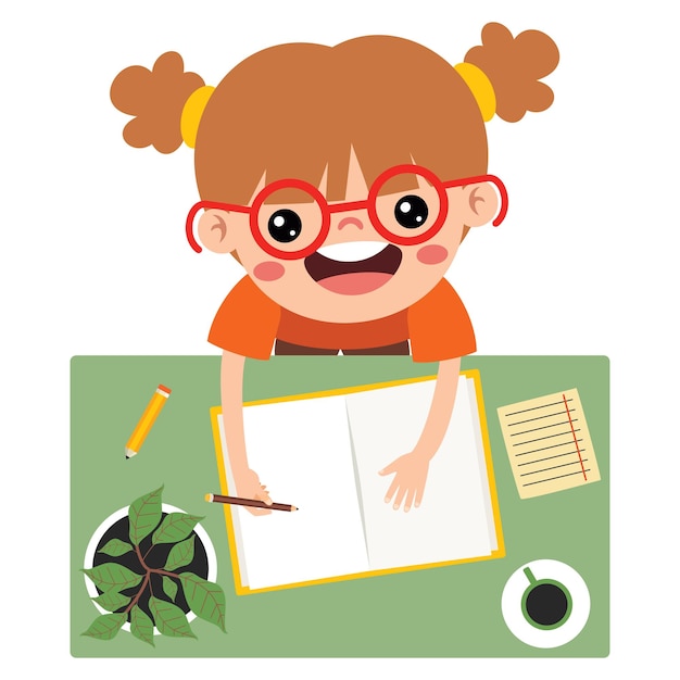 Vector top view of kid writing on desk