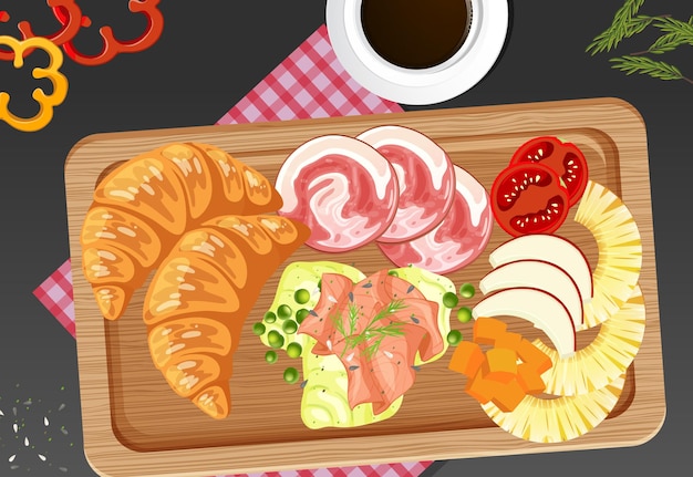 Vector top view of lunch meat on wooden tray