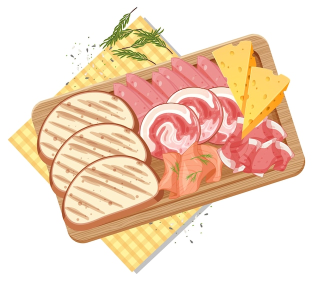 Vector top view of lunch meat on wooden tray