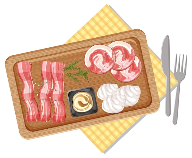 Vector top view of lunch meat on wooden tray