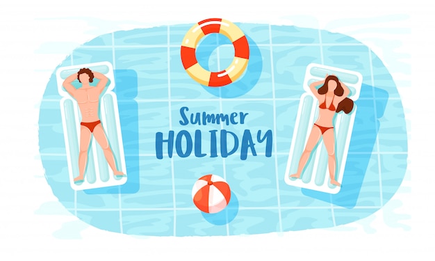 Vector top view of man and woman relaxing on swimming bed with lifesaver