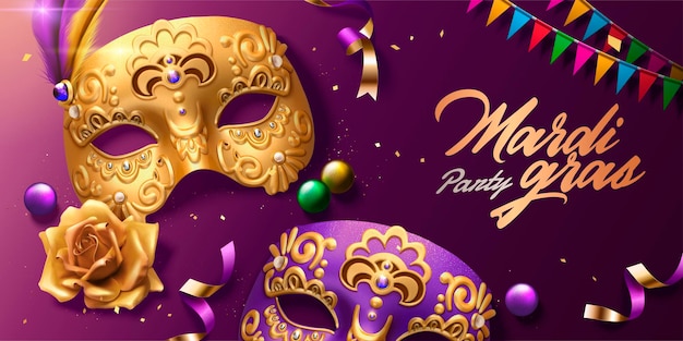 Top view of mardi gras carnival design with golden masks and colorful flags in 3d illustration