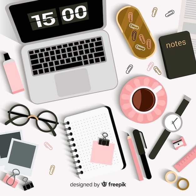 top view of modern office desk with flat design