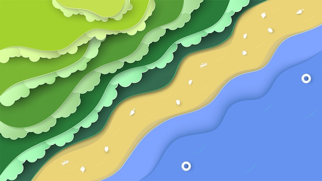 Vector top view nature scene of forest with sea and beach.