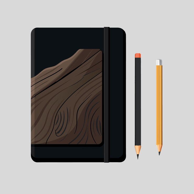 Vector top view of notebook black cover with wood texture pencil on white desk background