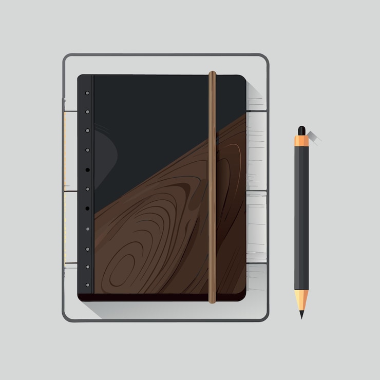 Vector top view of notebook black cover with wood texture pencil on white desk background