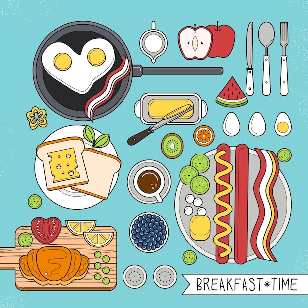 Vector top view of nutritious breakfast set in