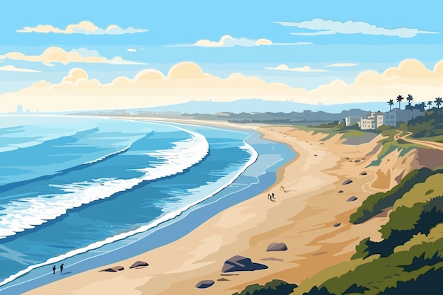 Top view of the ocean beach with soft waves summer landscape flat landscap vector art illustration