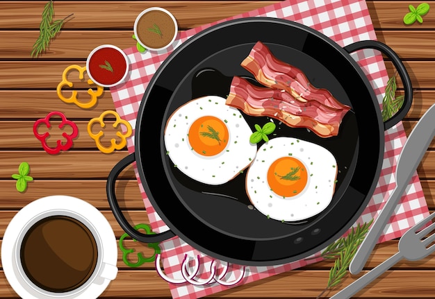 Вектор Вид сверху на завтрак с яичницей и беконом на сковороде на фоне стола