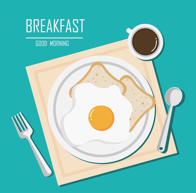 Вектор Вид сверху на завтрак с чашкой кофе, жареным яйцом и хлебом на столе плоский дизайн